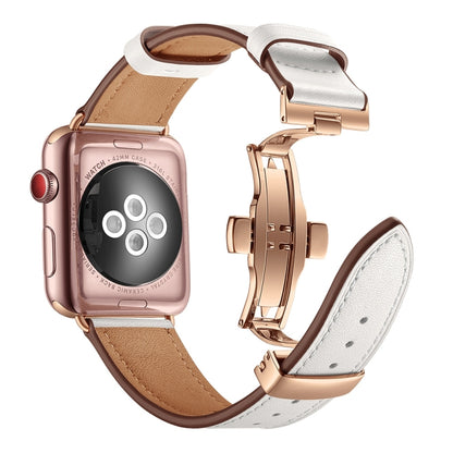 Bracelets de rechange en cuir véritable + boucle en or rose papillon pour Apple Watch Series 6 & SE & 5 & 4 40mm / 3 & 2 & 1 38mm, Rose Gold Buckle For Apple Watch Series 7 41mm / 6 & SE & 5 & 4 40mm / 3 & 2 & 1 38mm                                    ...