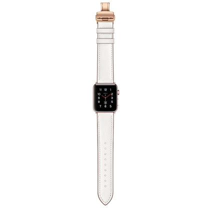 Bracelets de rechange en cuir véritable + boucle en or rose papillon pour Apple Watch Series 6 & SE & 5 & 4 40mm / 3 & 2 & 1 38mm, Rose Gold Buckle For Apple Watch Series 7 41mm / 6 & SE & 5 & 4 40mm / 3 & 2 & 1 38mm                                    ...