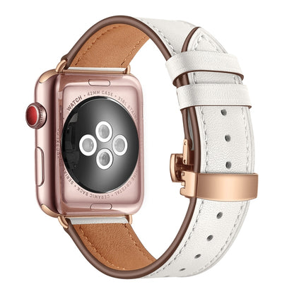 Bracelets de rechange en cuir véritable + boucle en or rose papillon pour Apple Watch Series 6 & SE & 5 & 4 40mm / 3 & 2 & 1 38mm, Rose Gold Buckle For Apple Watch Series 7 41mm / 6 & SE & 5 & 4 40mm / 3 & 2 & 1 38mm                                    ...