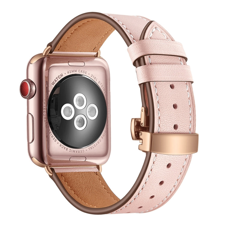 Bracelets de rechange en cuir véritable + boucle en or rose papillon pour Apple Watch Series 6 & SE & 5 & 4 40mm / 3 & 2 & 1 38mm, Rose Gold Buckle For Apple Watch Series 7 41mm / 6 & SE & 5 & 4 40mm / 3 & 2 & 1 38mm                                    ...