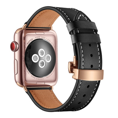 Bracelets de rechange en cuir véritable + boucle en or rose papillon pour Apple Watch Series 6 & SE & 5 & 4 40mm / 3 & 2 & 1 38mm, Rose Gold Buckle For Apple Watch Series 7 41mm / 6 & SE & 5 & 4 40mm / 3 & 2 & 1 38mm                                    ...