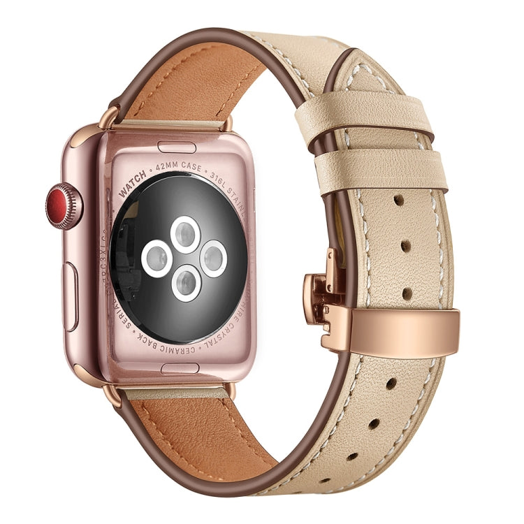 Bracelets de rechange en cuir véritable + boucle en or rose papillon pour Apple Watch Series 6 & SE & 5 & 4 40mm / 3 & 2 & 1 38mm, Rose Gold Buckle For Apple Watch Series 7 41mm / 6 & SE & 5 & 4 40mm / 3 & 2 & 1 38mm                                    ...