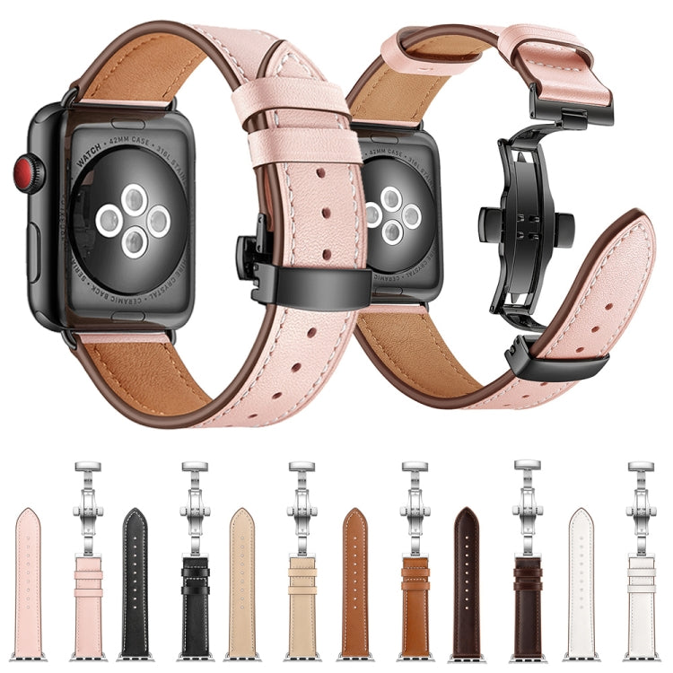 Bracelets de rechange en cuir véritable + boucle en or rose papillon pour Apple Watch Series 6 & SE & 5 & 4 40mm / 3 & 2 & 1 38mm, Rose Gold Buckle For Apple Watch Series 7 41mm / 6 & SE & 5 & 4 40mm / 3 & 2 & 1 38mm                                    ...
