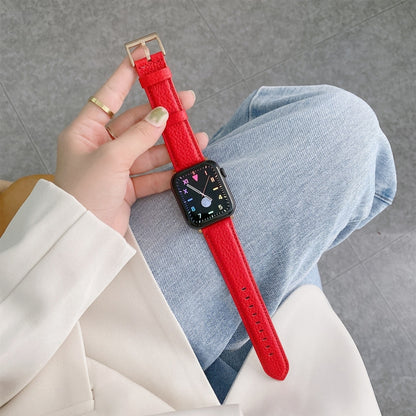 Bracelets de rechange en cuir texturé litchi avec fil à coudre, For Apple Watch Ultra 49mm / Series 8&7 45mm / SE 2&6&SE&5&4 44mm / 3&2&1 42mm, For Series 7 41mm / 6 & SE & 5 & 4 40mm / 3 & 2 & 1 38mm