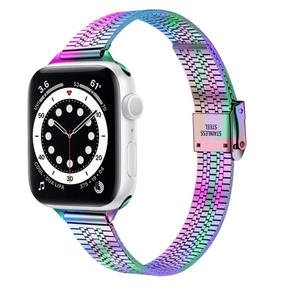 Bracelet de montre de remplacement en acier mince à boucle de sécurité double à sept perles de 14 mm pour la série Apple Watch, 7 41mm / 6 & SE & 5 & 4 40mm / 3 & 2 & 1 38mm, 7 45mm / 6 & SE & 5 & 4 44mm / 3 & 2 & 1 42mm