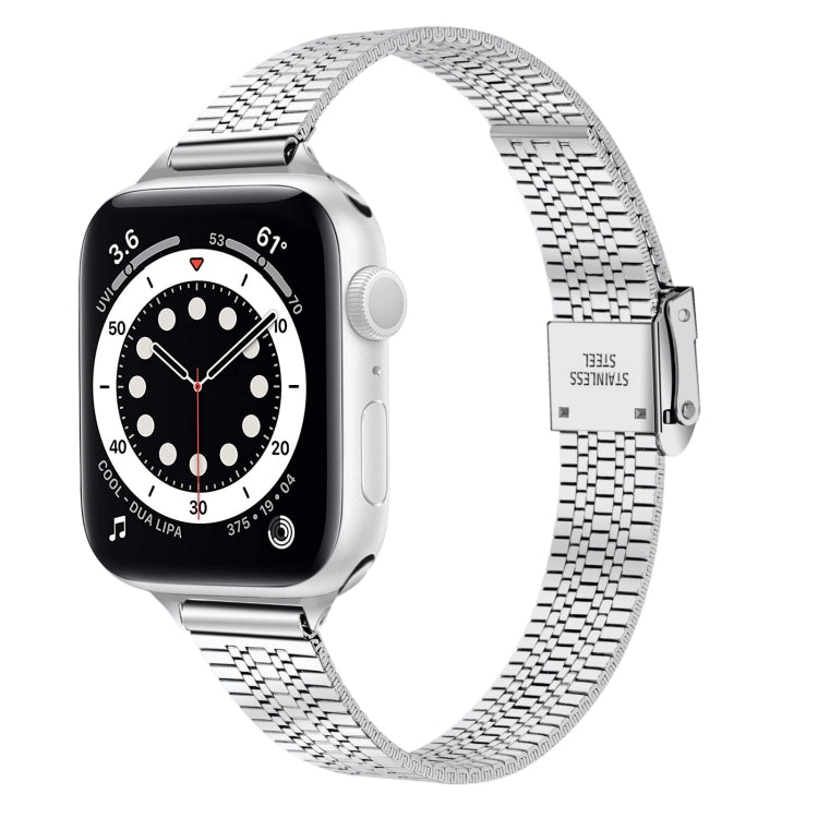 Bracelet de montre de remplacement en acier mince à boucle de sécurité double à sept perles de 14 mm pour la série Apple Watch, 7 41mm / 6 & SE & 5 & 4 40mm / 3 & 2 & 1 38mm, 7 45mm / 6 & SE & 5 & 4 44mm / 3 & 2 & 1 42mm