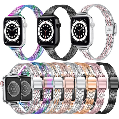 Bracelet de montre de remplacement en acier mince à boucle de sécurité double à sept perles de 14 mm pour la série Apple Watch, 7 41mm / 6 & SE & 5 & 4 40mm / 3 & 2 & 1 38mm, 7 45mm / 6 & SE & 5 & 4 44mm / 3 & 2 & 1 42mm