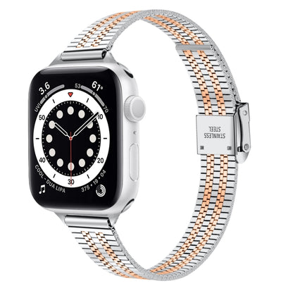 Bracelet de montre de remplacement en acier mince à boucle de sécurité double à sept perles de 14 mm pour la série Apple Watch, 7 41mm / 6 & SE & 5 & 4 40mm / 3 & 2 & 1 38mm, 7 45mm / 6 & SE & 5 & 4 44mm / 3 & 2 & 1 42mm
