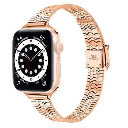 Bracelet de montre de remplacement en acier mince à boucle de sécurité double à sept perles de 14 mm pour la série Apple Watch, 7 41mm / 6 & SE & 5 & 4 40mm / 3 & 2 & 1 38mm, 7 45mm / 6 & SE & 5 & 4 44mm / 3 & 2 & 1 42mm