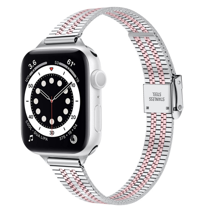 Bracelet de montre de remplacement en acier mince à boucle de sécurité double à sept perles de 14 mm pour la série Apple Watch, 7 41mm / 6 & SE & 5 & 4 40mm / 3 & 2 & 1 38mm, 7 45mm / 6 & SE & 5 & 4 44mm / 3 & 2 & 1 42mm