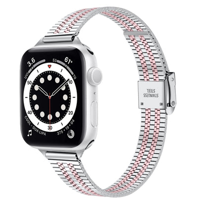 Bracelet de montre de remplacement en acier mince à boucle de sécurité double à sept perles de 14 mm pour la série Apple Watch, 7 41mm / 6 & SE & 5 & 4 40mm / 3 & 2 & 1 38mm, 7 45mm / 6 & SE & 5 & 4 44mm / 3 & 2 & 1 42mm