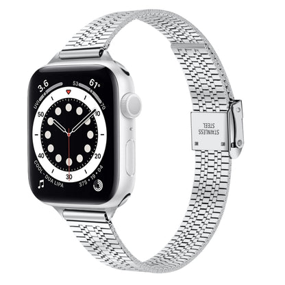 Bracelet de montre de remplacement en acier mince à boucle de sécurité double à sept perles de 14 mm pour la série Apple Watch, 7 41mm / 6 & SE & 5 & 4 40mm / 3 & 2 & 1 38mm, 7 45mm / 6 & SE & 5 & 4 44mm / 3 & 2 & 1 42mm