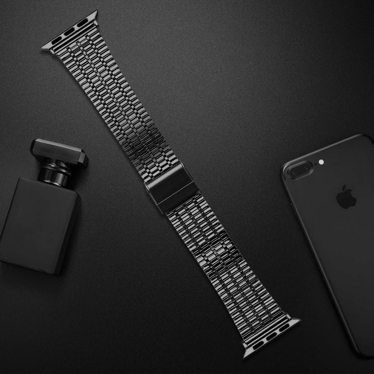 Bracelet de montre en acier à double boucle de sécurité à sept perles pour la série Apple Watch, 7 41mm / 6 & SE & 5 & 4 40mm / 3 & 2 & 1 38mm, 7 45mm / 6 & SE & 5 & 4 44mm / 3 & 2 & 1 42mm