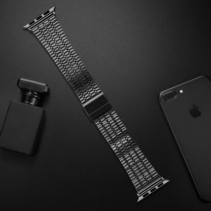 Bracelet de montre en acier à double boucle de sécurité à sept perles pour la série Apple Watch, 7 41mm / 6 & SE & 5 & 4 40mm / 3 & 2 & 1 38mm, 7 45mm / 6 & SE & 5 & 4 44mm / 3 & 2 & 1 42mm