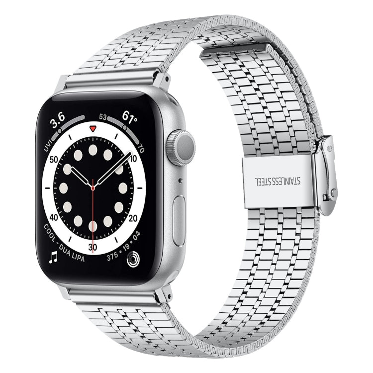 Bracelet de montre en acier à double boucle de sécurité à sept perles pour la série Apple Watch, 7 41mm / 6 & SE & 5 & 4 40mm / 3 & 2 & 1 38mm, 7 45mm / 6 & SE & 5 & 4 44mm / 3 & 2 & 1 42mm