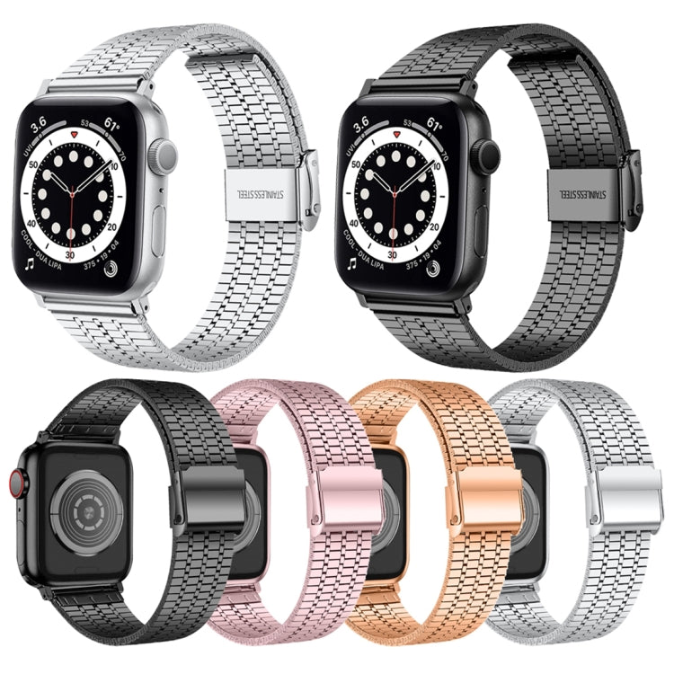 Bracelet de montre en acier à double boucle de sécurité à sept perles pour la série Apple Watch, 7 41mm / 6 & SE & 5 & 4 40mm / 3 & 2 & 1 38mm, 7 45mm / 6 & SE & 5 & 4 44mm / 3 & 2 & 1 42mm