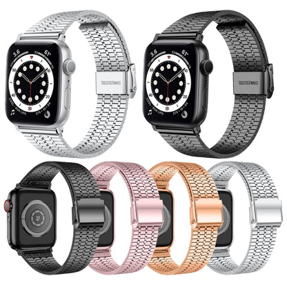 Bracelet de montre en acier à double boucle de sécurité à sept perles pour la série Apple Watch, 7 41mm / 6 & SE & 5 & 4 40mm / 3 & 2 & 1 38mm, 7 45mm / 6 & SE & 5 & 4 44mm / 3 & 2 & 1 42mm