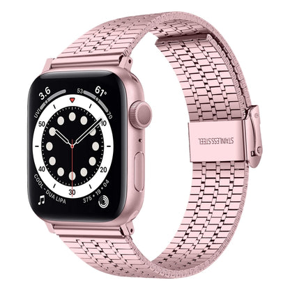 Bracelet de montre en acier à double boucle de sécurité à sept perles pour la série Apple Watch, 7 41mm / 6 & SE & 5 & 4 40mm / 3 & 2 & 1 38mm, 7 45mm / 6 & SE & 5 & 4 44mm / 3 & 2 & 1 42mm