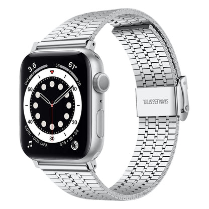 Bracelet de montre en acier à double boucle de sécurité à sept perles pour la série Apple Watch, 7 41mm / 6 & SE & 5 & 4 40mm / 3 & 2 & 1 38mm, 7 45mm / 6 & SE & 5 & 4 44mm / 3 & 2 & 1 42mm