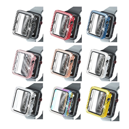 Étui de protection en diamant à double rangée PC pour galvanoplastie avec film en verre trempé pour la série Apple Watch, 3 & 2 & 1 38mm, 3 & 2 & 1 42mm