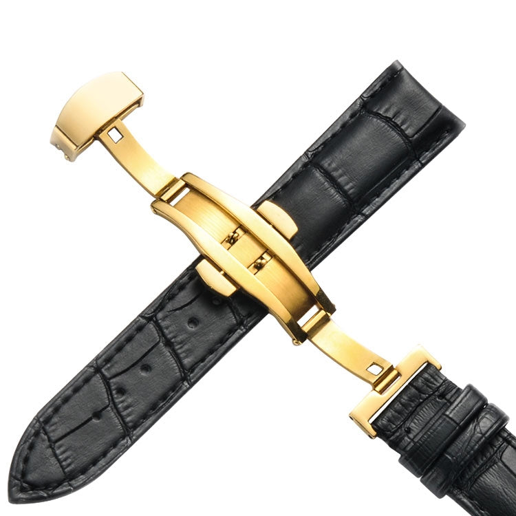 Bracelet de montre en cuir de vachette classique avec boucle papillon dorée, 14mm, 16mm, 18mm, 20mm, 22mm