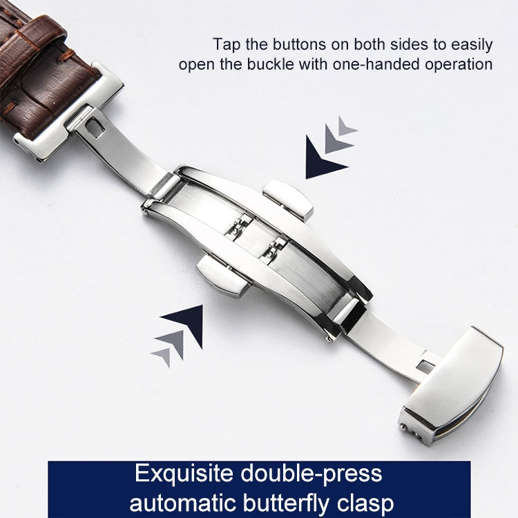 Bracelet de montre en cuir de vachette classique avec boucle papillon dorée, 14mm, 16mm, 18mm, 20mm, 22mm