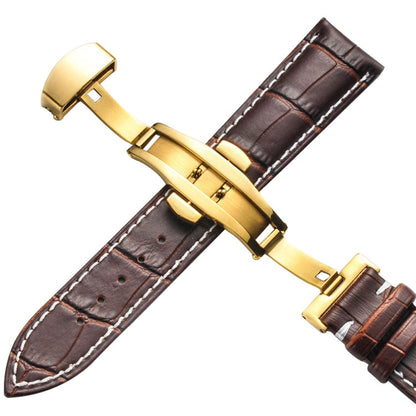 Bracelet de montre en cuir de vachette classique avec boucle papillon dorée, 14mm, 16mm, 18mm, 20mm, 22mm