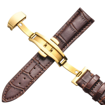 Bracelet de montre en cuir de vachette classique avec boucle papillon dorée, 14mm, 16mm, 18mm, 20mm, 22mm