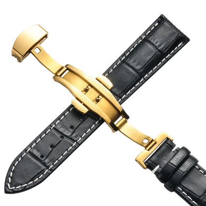 Bracelet de montre en cuir de vachette classique avec boucle papillon dorée, 14mm, 16mm, 18mm, 20mm, 22mm