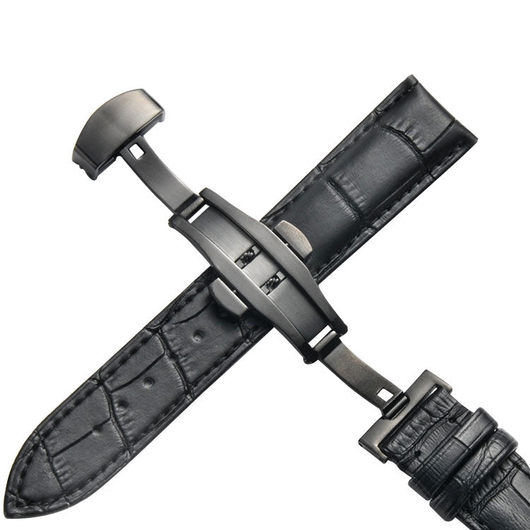 Bracelet de montre en cuir de vachette classique avec boucle papillon noire, 14mm, 16mm, 18mm, 20mm, 22mm