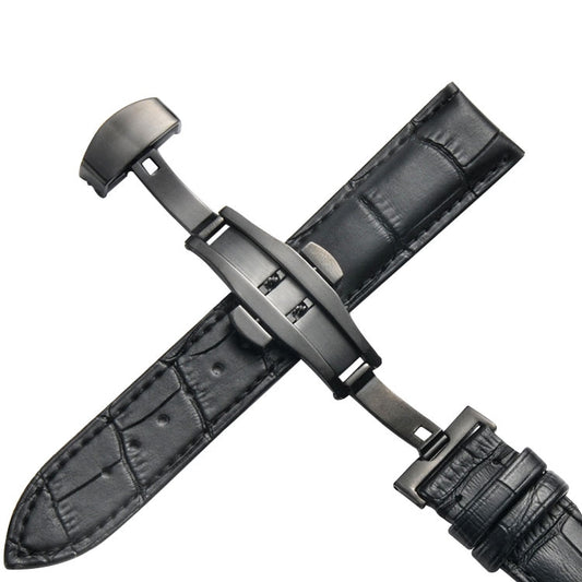 Bracelet de montre en cuir de vachette classique avec boucle papillon noire, 14mm, 16mm, 18mm, 20mm, 22mm