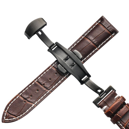 Bracelet de montre en cuir de vachette classique avec boucle papillon noire, 14mm, 16mm, 18mm, 20mm, 22mm