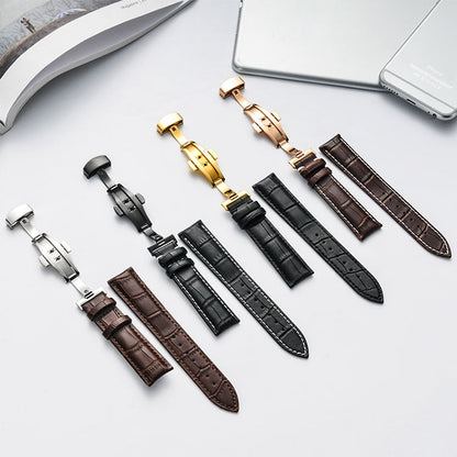 Bracelet de montre en cuir de vachette classique avec boucle papillon noire, 14mm, 16mm, 18mm, 20mm, 22mm