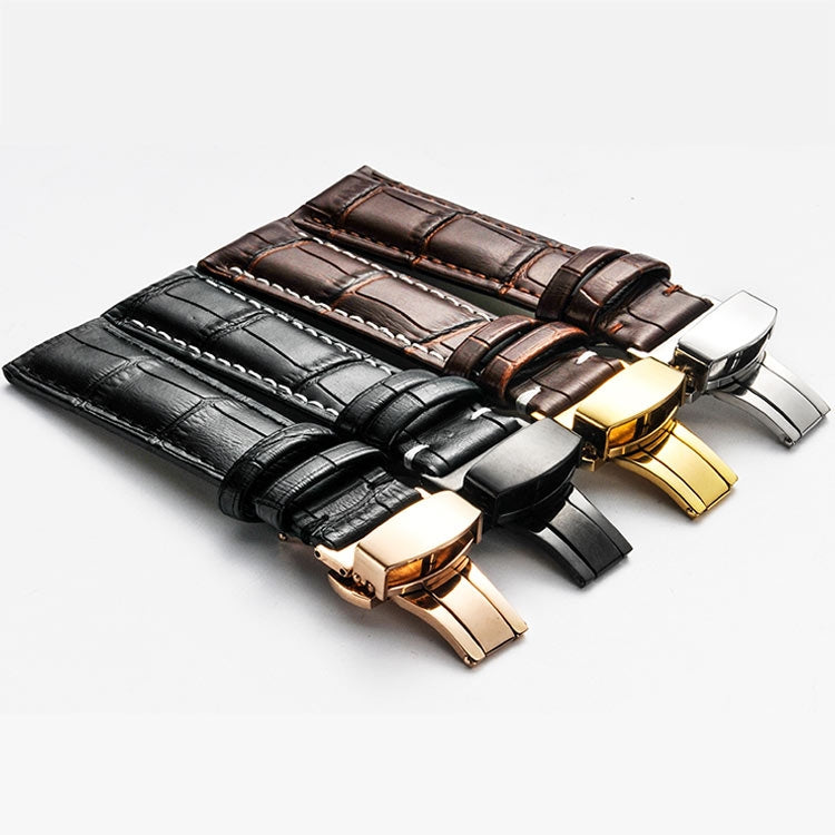 Bracelet de montre en cuir de vachette classique avec boucle papillon noire, 14mm, 16mm, 18mm, 20mm, 22mm