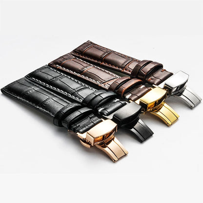 Bracelet de montre en cuir de vachette classique avec boucle papillon noire, 14mm, 16mm, 18mm, 20mm, 22mm