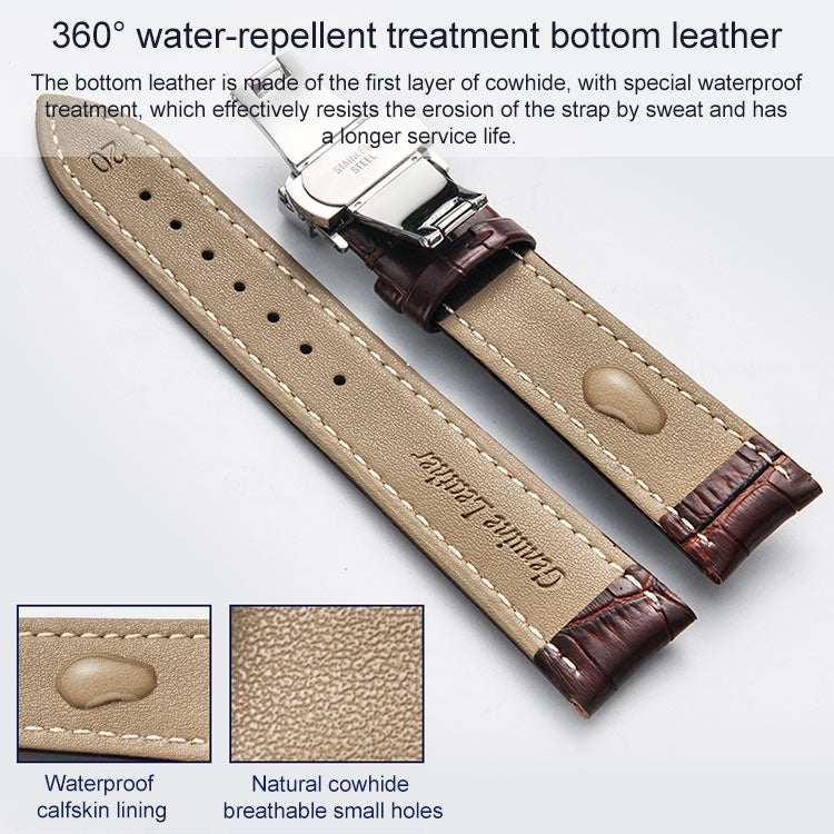 Bracelet de montre en cuir de vachette classique avec boucle papillon noire, 14mm, 16mm, 18mm, 20mm, 22mm