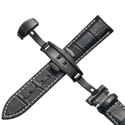 Bracelet de montre en cuir de vachette classique avec boucle papillon noire, 14mm, 16mm, 18mm, 20mm, 22mm