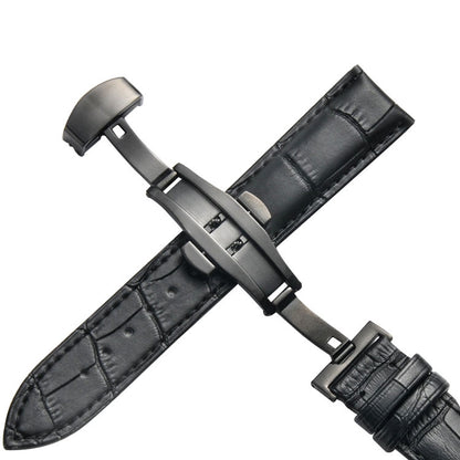 Bracelet de montre en cuir de vachette classique avec boucle papillon noire, 14mm, 16mm, 18mm, 20mm, 22mm