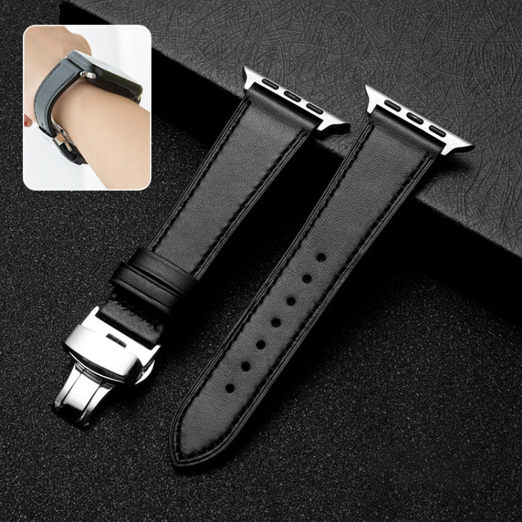 Bracelet de montre en cuir de vachette avec fermoir papillon, For Apple Watch Series 8&7 41mm / SE 2&6&SE&5&4 40mm / 3&2&1 38mm, For Apple Watch Series 6&SE&5&4 44mm / 3&2&1 42mm, For Apple Watch Series 6&SE& 5&4 40mm / 3 & 2 & 1 38mm
