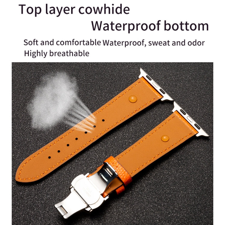 Bracelet de montre en cuir de vachette avec fermoir papillon, For Apple Watch Series 8&7 41mm / SE 2&6&SE&5&4 40mm / 3&2&1 38mm, For Apple Watch Series 6&SE&5&4 44mm / 3&2&1 42mm, For Apple Watch Series 6&SE& 5&4 40mm / 3 & 2 & 1 38mm