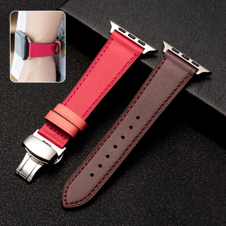 Bracelet de montre en cuir de vachette avec fermoir papillon, For Apple Watch Series 8&7 41mm / SE 2&6&SE&5&4 40mm / 3&2&1 38mm, For Apple Watch Series 6&SE&5&4 44mm / 3&2&1 42mm, For Apple Watch Series 6&SE& 5&4 40mm / 3 & 2 & 1 38mm