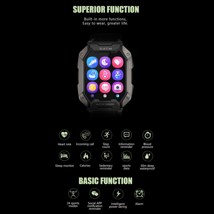 C20 Montre intelligente à écran TFT HD de 1,71 pouces, prend en charge la surveillance de la fréquence cardiaque / la surveillance de l'oxygène sanguin