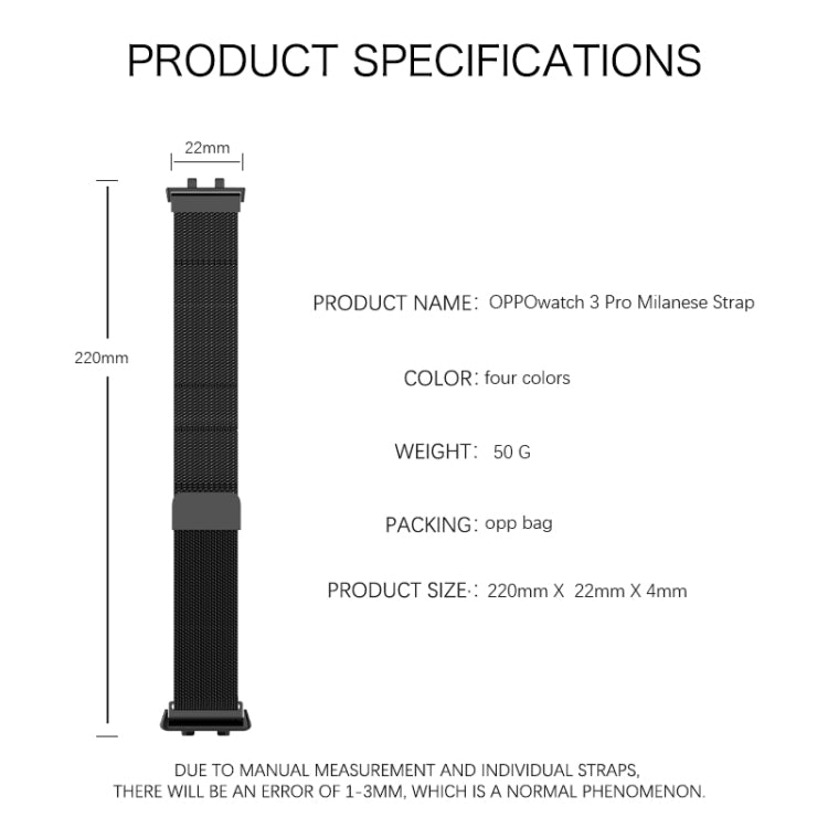 Bracelet de montre en métal en acier inoxydable milanais, For OPPO Watch 3 Pro