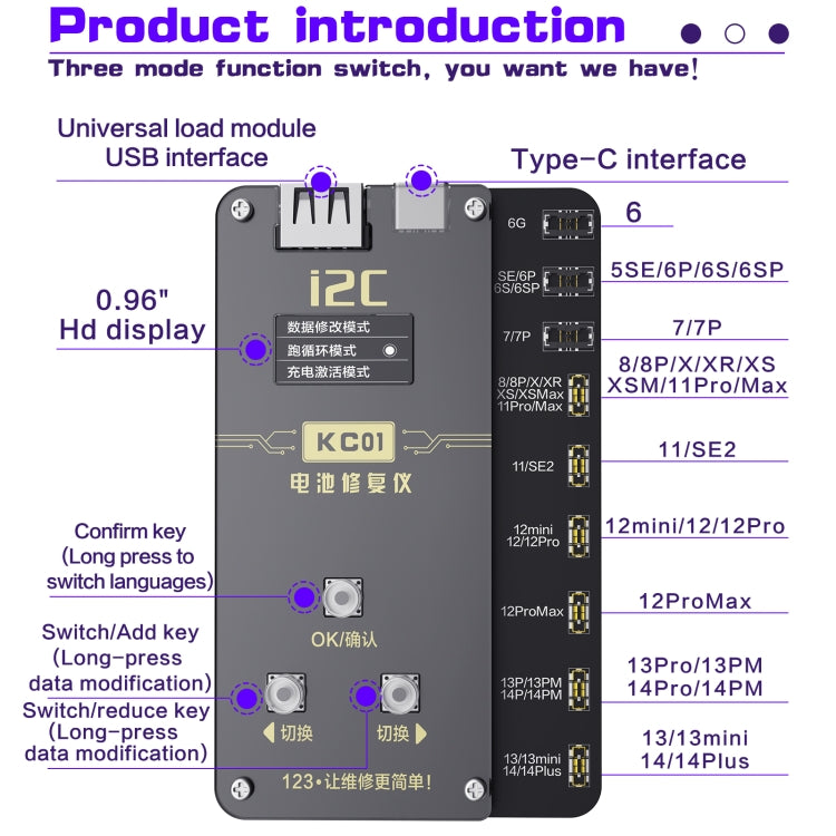 i2C KC01 Instrument de réparation de batterie complet multifonction pour iPhone 6-14 Pro Max