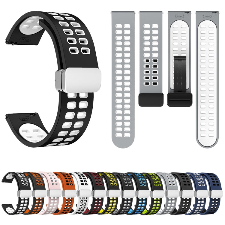Bracelet de montre en silicone bicolore à boucle argentée pliante à trou double, 20mm, 22mm