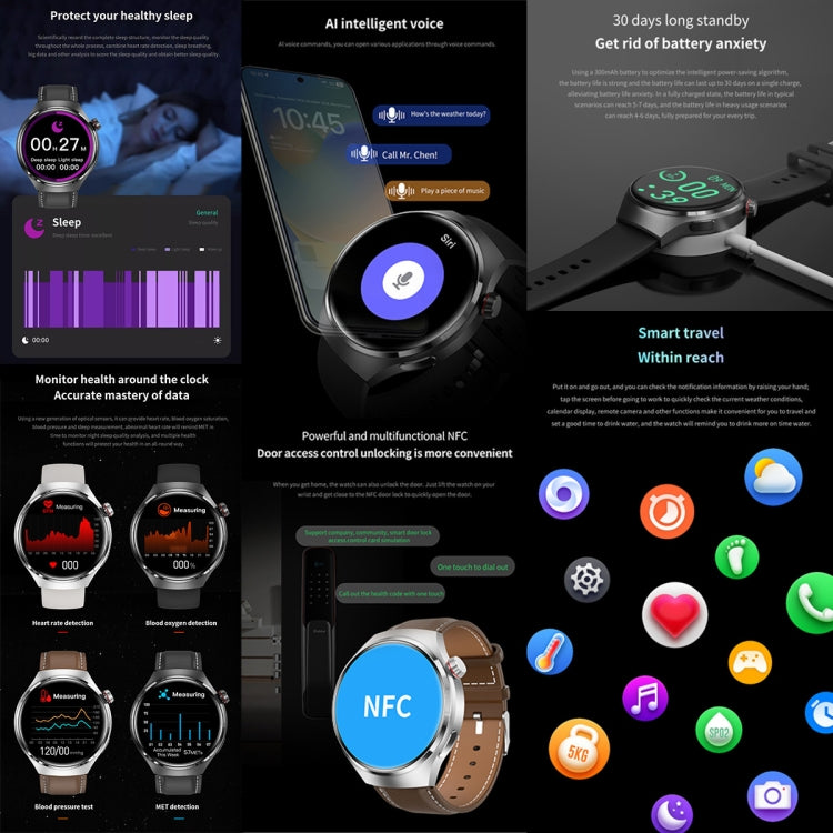 Bracelet intelligent GT4, montre intelligente de 1,53 pouces, prise en charge des appels Bluetooth/NFC/fréquence cardiaque