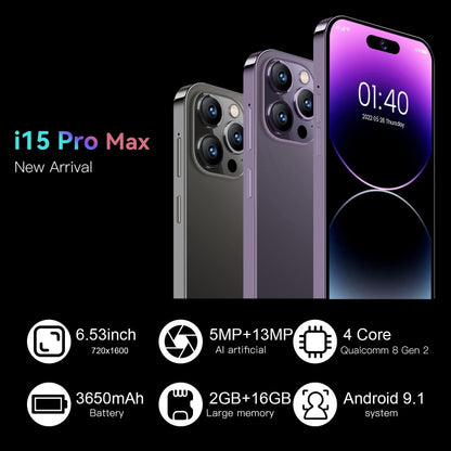 i15 Pro Max / U18, écran 6,53 pouces, identification faciale, Android 9.1 SC7731E Quad Core, réseau : 3G, double SIM, i15 Pro Max / U18 2GB+16GB