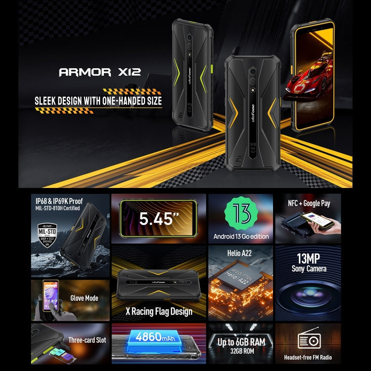 Ulefone Armor X12, téléphone robuste, déverrouillage du visage, 5,45 pouces Android 13 Go MediaTek Helio A22 Quad Core, réseau : 4G, NFC, 3GB+32GB