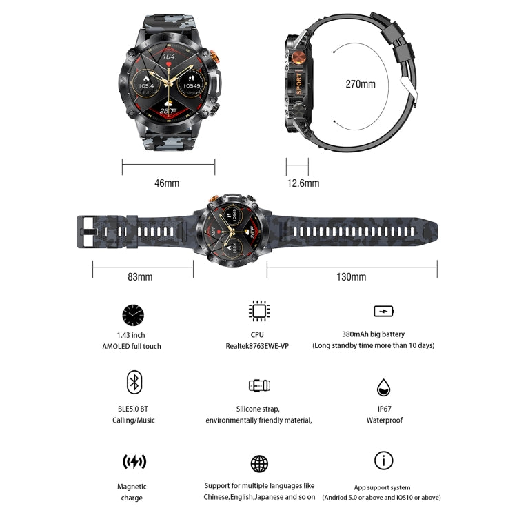 K59 IP67 BT5.0 1,43 pouces Smart Watch prend en charge la détection d'appel vocal/sommeil
