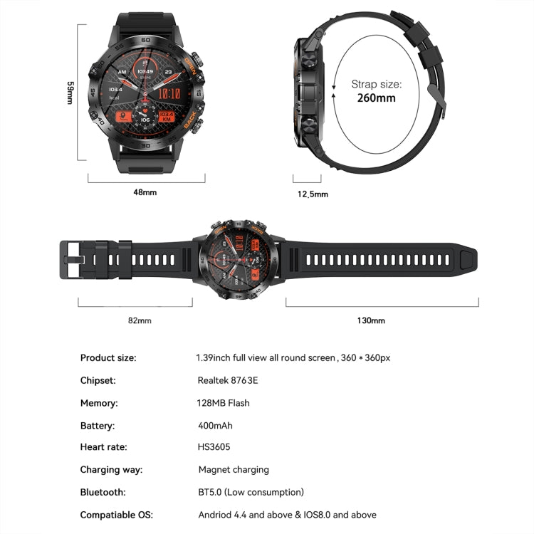 K52 1,39 pouces BT5.0 Smart Watch prend en charge la détection de fréquence cardiaque/sommeil